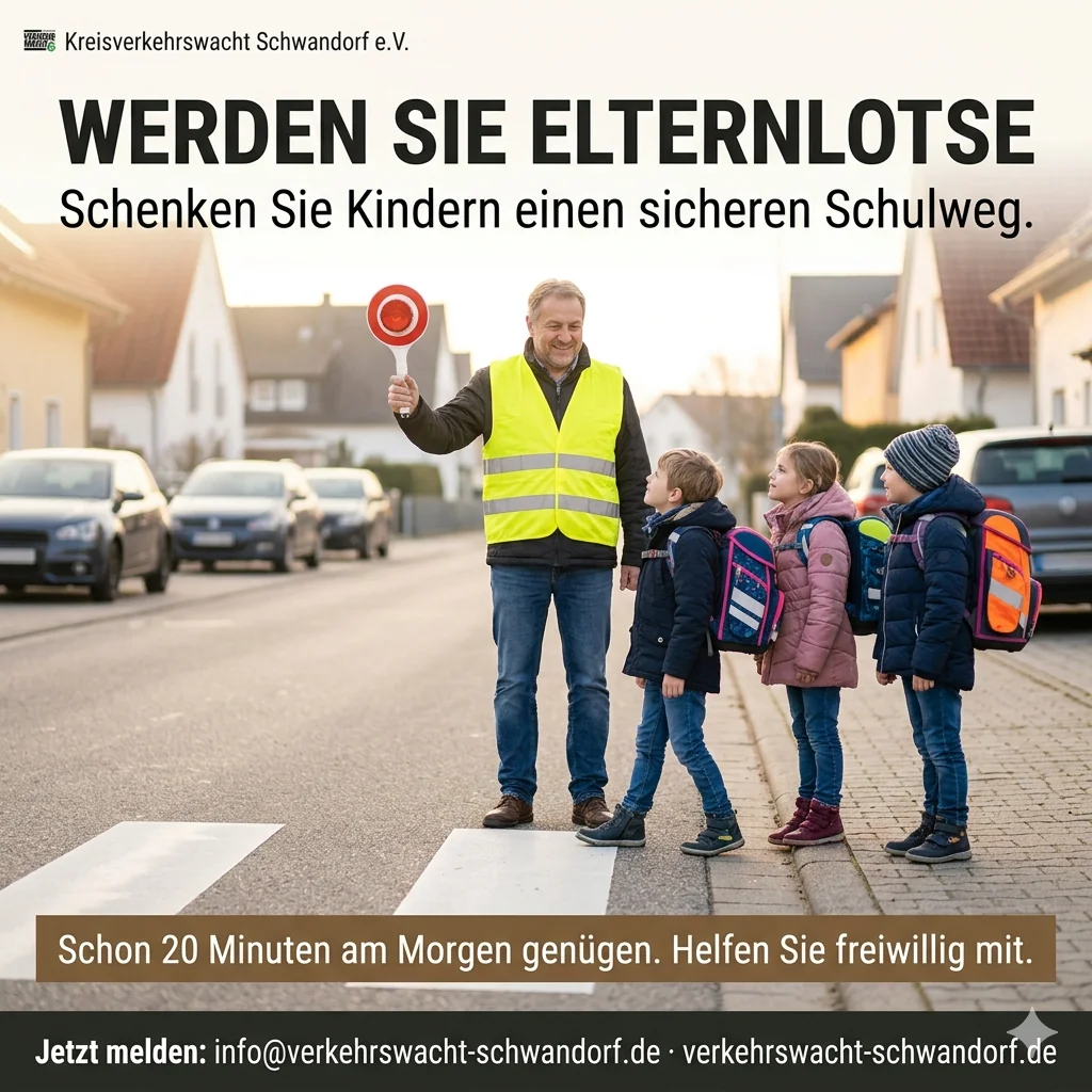 Plakat: Werden Sie Elternlotse. Ein Elternlotse in Warnweste mit Signalkelle hält den Verkehr an, während Grundschulkinder sicher über den Zebrastreifen gehen.